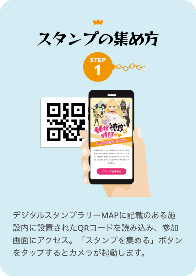 スタンプの集め方 STEP1 デジタルスタンプラリーMAPに記載のある施設内に設置されたQRコードを読み込み、参加画面にアクセス。「スタンプを集める」ボタンをタップするとカメラが起動します。